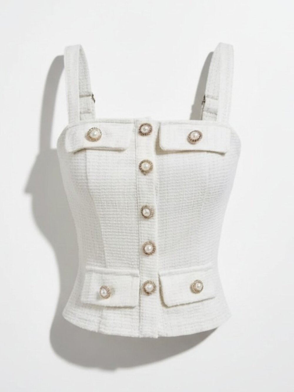 NWT White Tweed Cropped Tank Top with Gold and Pearl Buttons